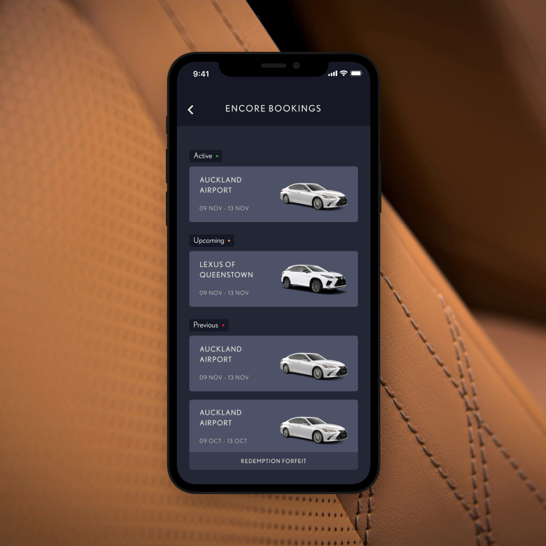 An iPhone screen shows Active, Upcoming and Past Lexus on Demand bookings