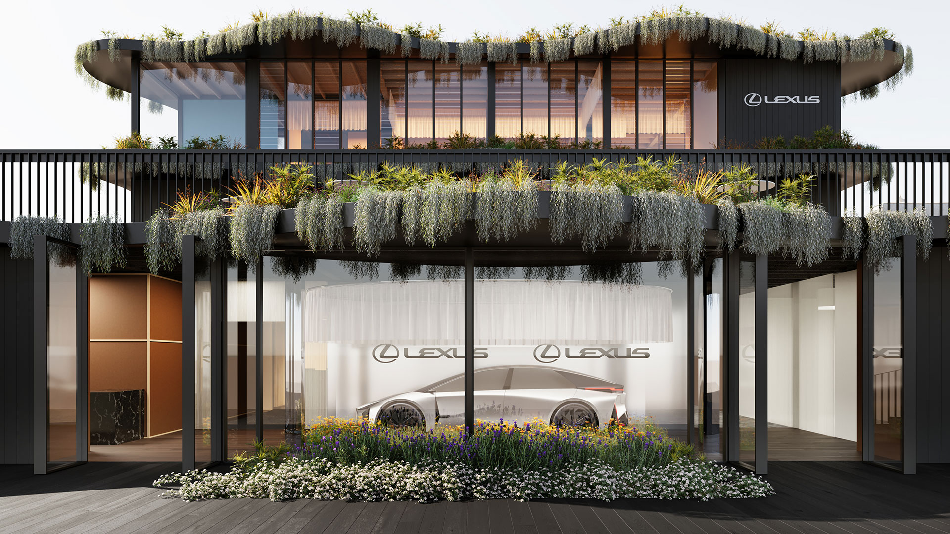 A rendering of the LANDMARK by Lexus pavilion with the LF-ZC 
