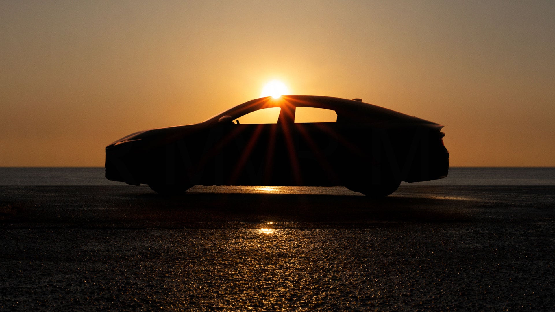 A silhouette of a Lexus ES vehicle with the sun behind it