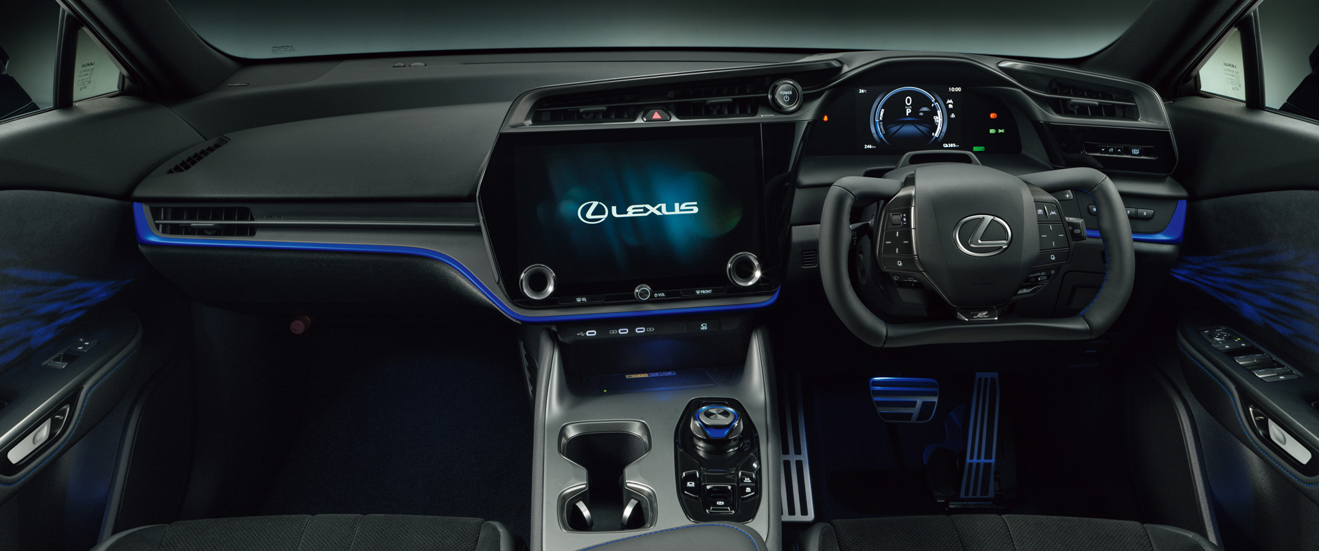 Interior cockpit view of the Lexus RZ 600e F Sport Performance