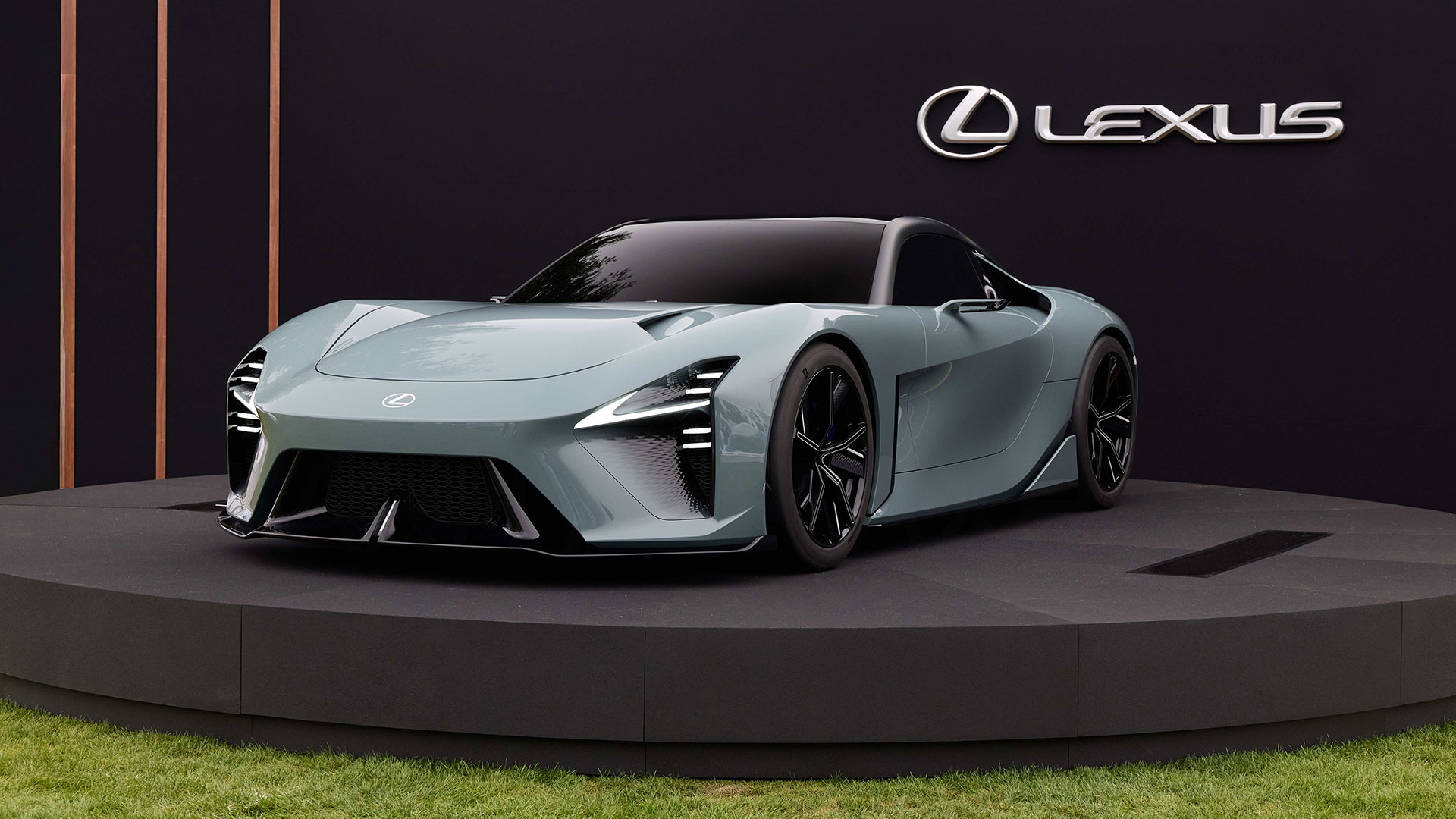Metallic grey Lexus Sport Concept displayed on a raised platform