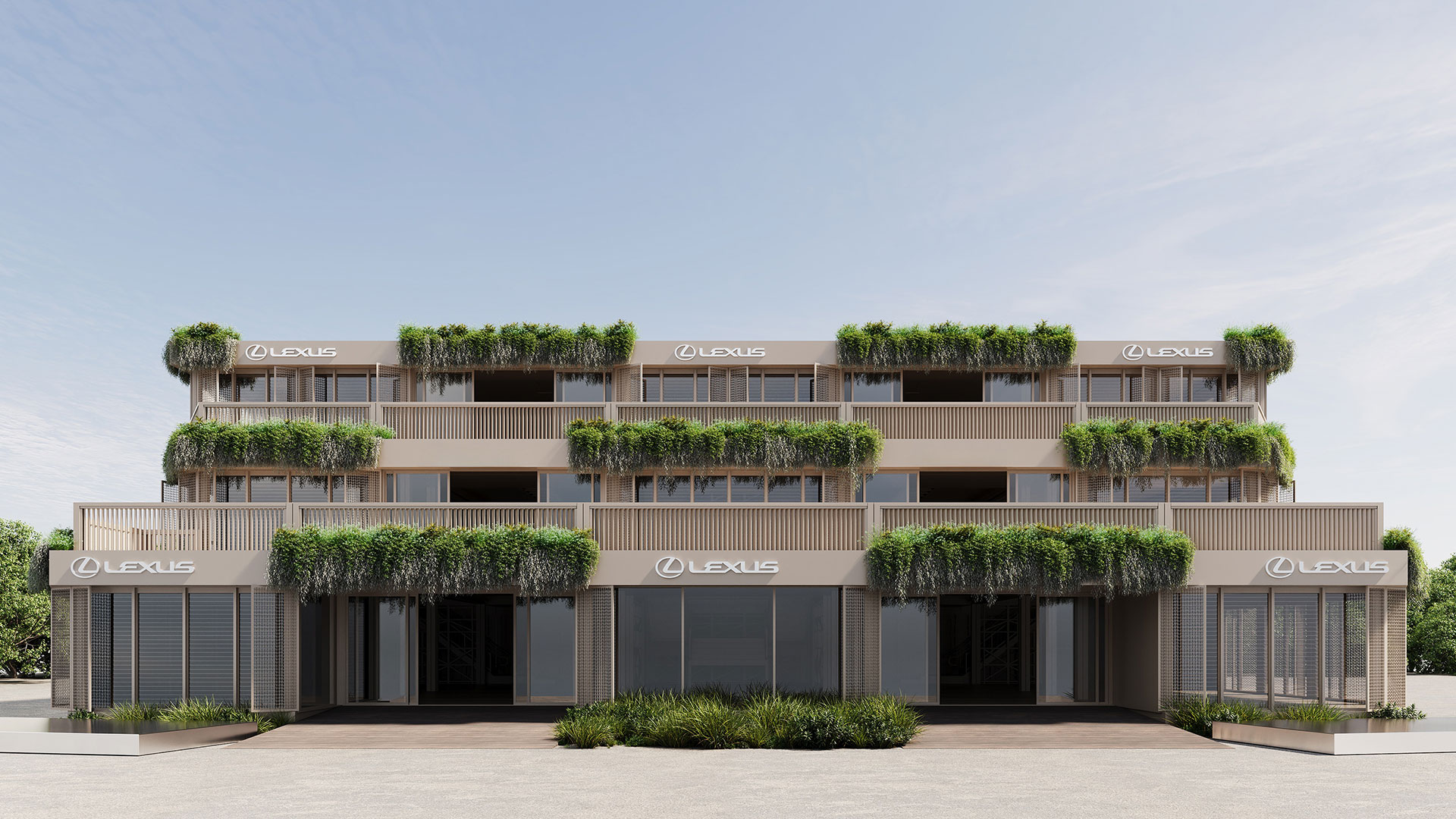 Three-level LANDMARK by Lexus pavilion with balconies and greenery across the facade