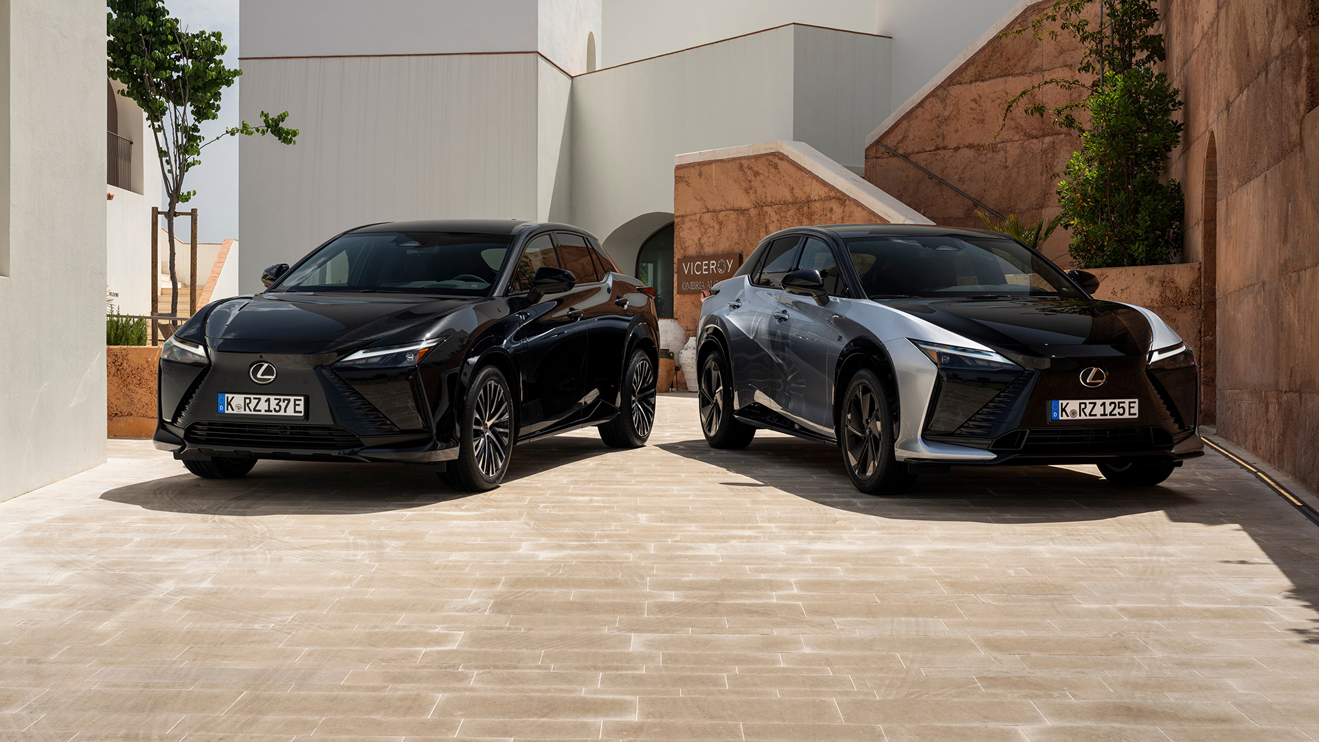 Two Lexus RZ vehicles parked on a driveway